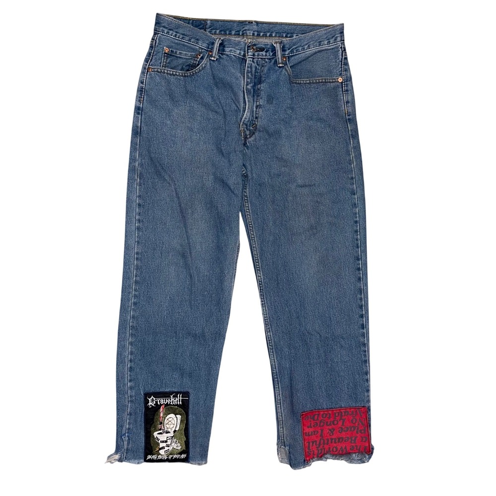 Levis 550 Relaxed Fit Custom Patch Jeans Mens 34x32 Blue Punk DIY Distressed